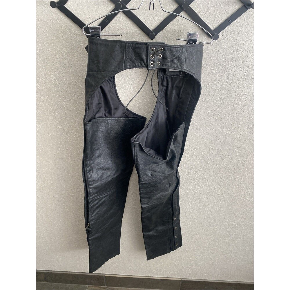 Women's SILVER BIKE Black Leather Motorcycle Riding Chaps Size SMALL *READ